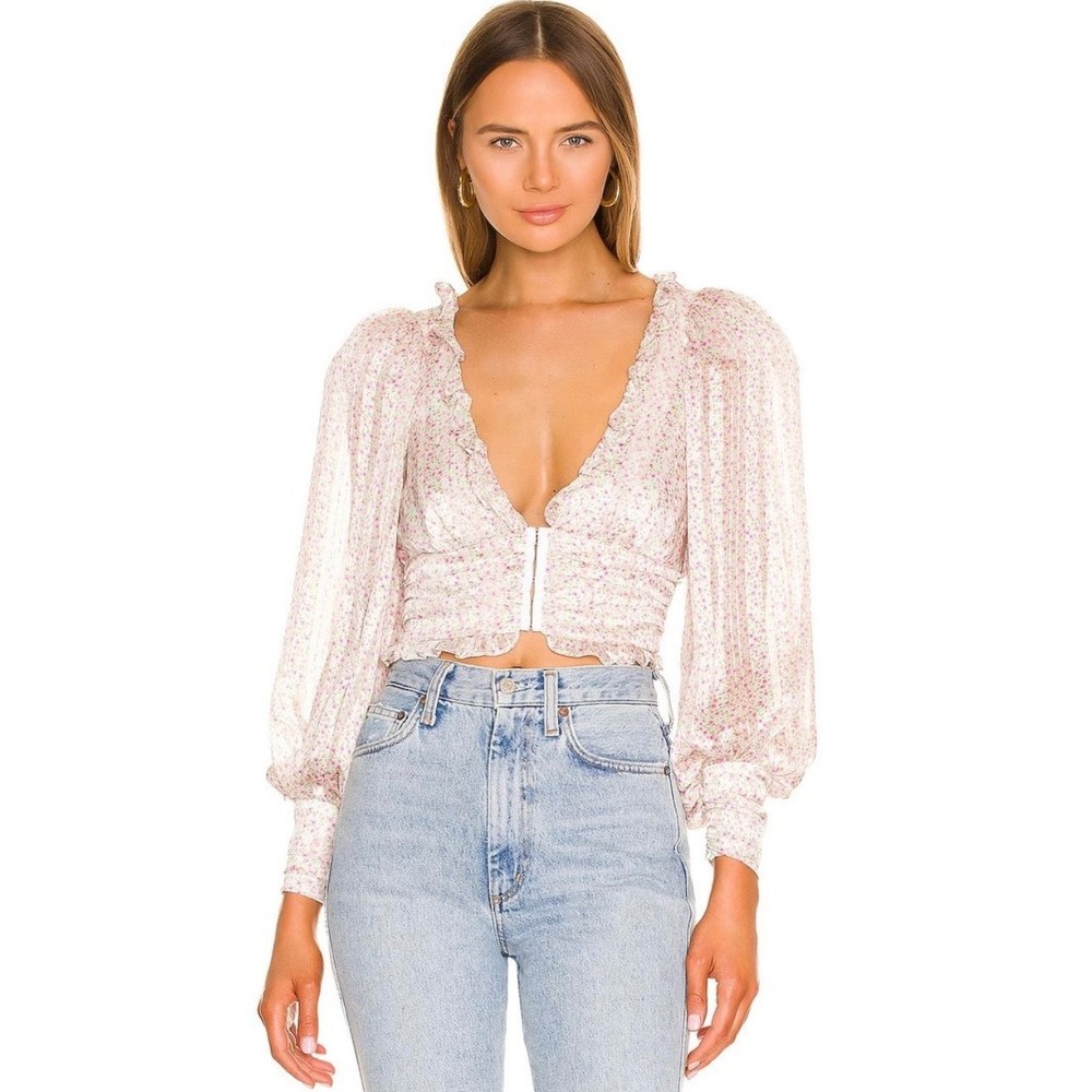 NWT For Love & Lemons Natalie Crop Top Ivory Floral V Neck Size Medium